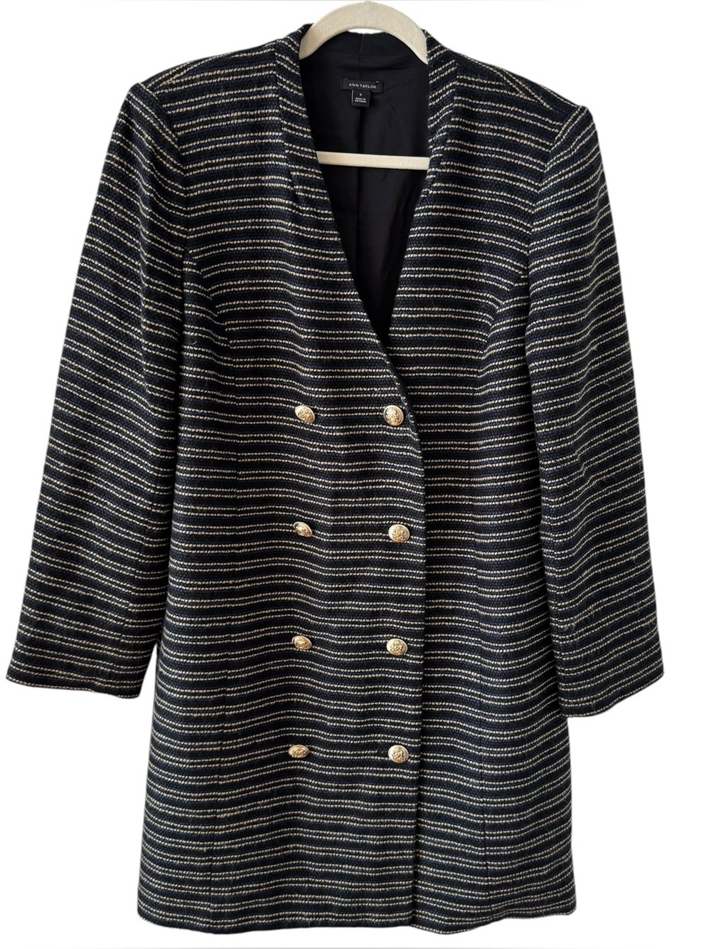 Ann Taylor Tweed Longline Blazer Coat Navy Golden Brown Stripe Size 8